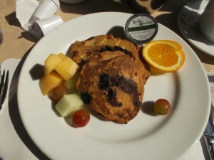 I really enjoyed blueberry pancakes with other fruit and real  Canadian maple syrup, along with good coffee for my late breakfast in the dining car.  It was fun!